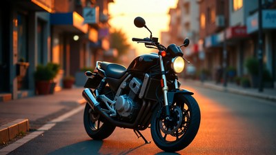 Black motorcycle on sunset street