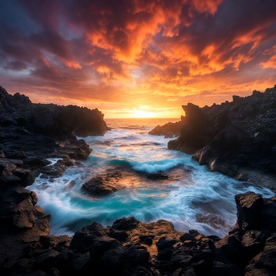 Dramatic Sunset Over Rocky Ocean Cove