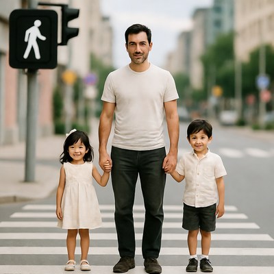 Father walking with children at crosswalk