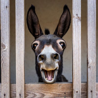Donkey peeking through wooden fence