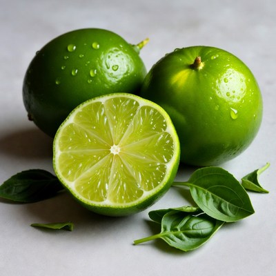 Fresh Limes with Basil Leaves