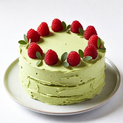 Green Frosted Cake with Raspberries