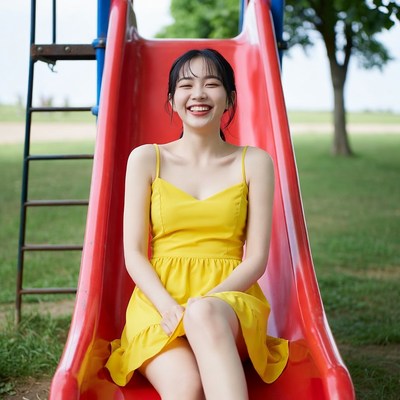 Asian girl smiling on red slide