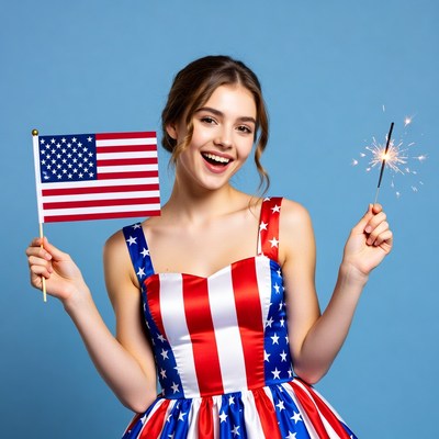 Girl with American flag and sparkler