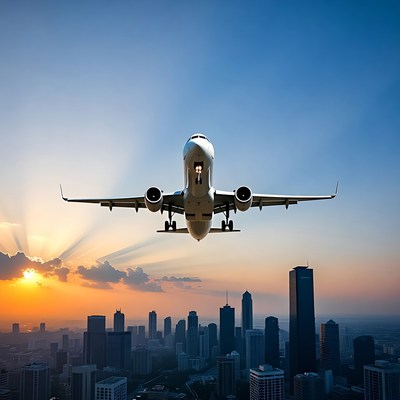 Airplane Flying Over City Skyline at Sunset