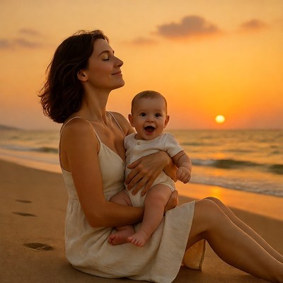 Mother holding baby on beach sunset