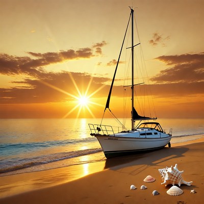 White Sailboat on Beach at Sunset