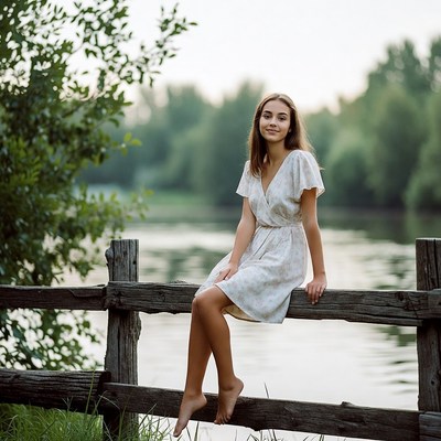 Young woman sitting on fence by river