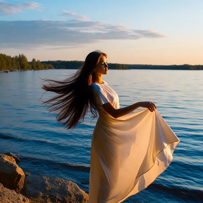 Woman in white dress by lake sunset