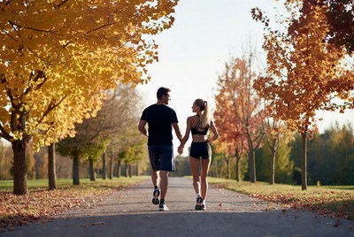 Couple jogging through autumn trees