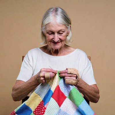 Elderly woman quilting colorful patchwork