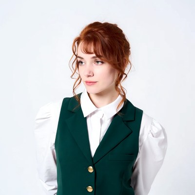Redhead woman in green vest looking aside