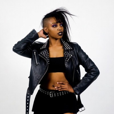 African-American woman in studded leather jacket