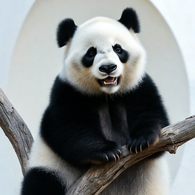 Baby panda clinging to branch