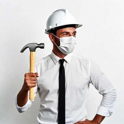 Man in hard hat holding hammer with mask