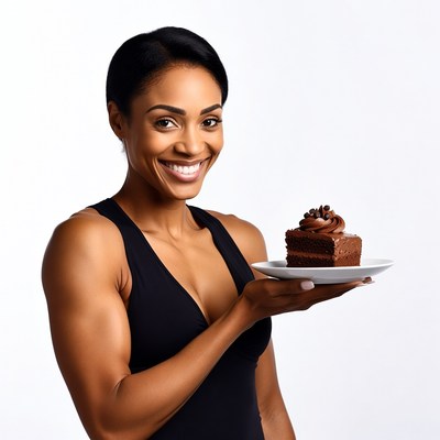 African-American woman holding chocolate cake