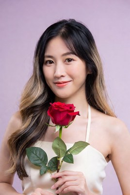 Asian woman holding red rose