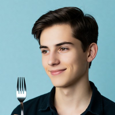 Young man holding fork