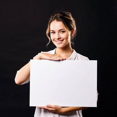 Smiling woman holding blank sign