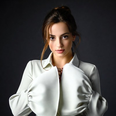 Woman in open white blouse
