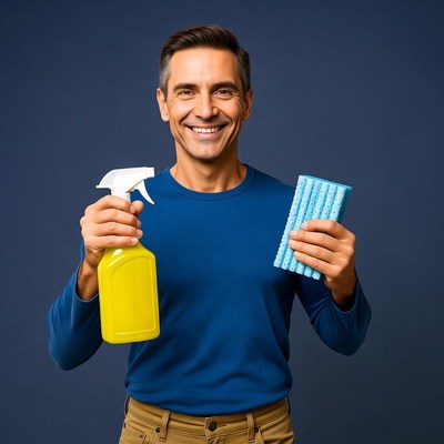 Man holding cleaning spray and sponge
