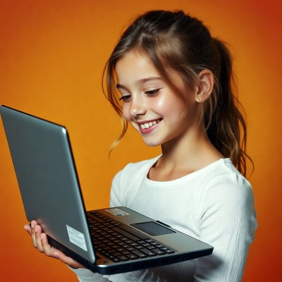 Girl smiling at laptop