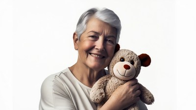 Elderly woman hugging teddy bear