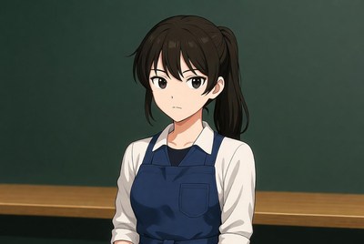 Anime girl in school uniform apron