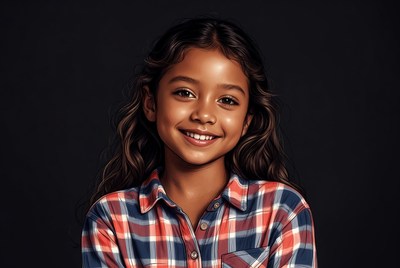 Smiling mixed-race girl in plaid shirt