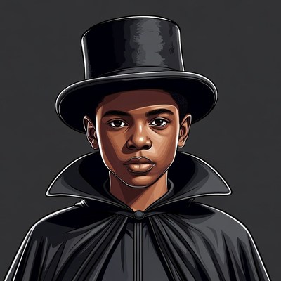 Young boy in top hat and cape