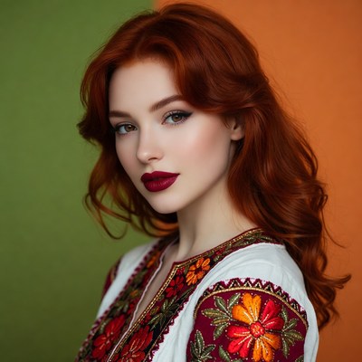 Redhead woman in embroidered blouse