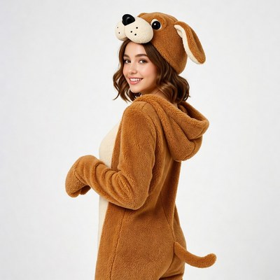 Woman in brown dog onesie
