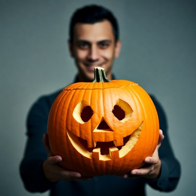 Man holding carved jack-o-lantern pumpkin