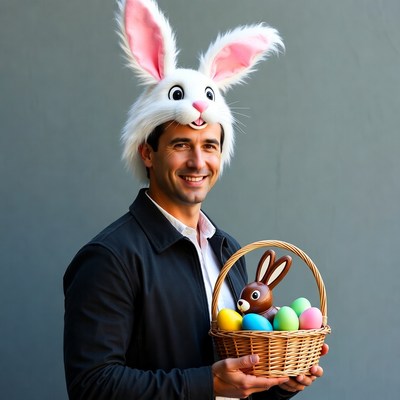 Man with bunny ears holding Easter basket