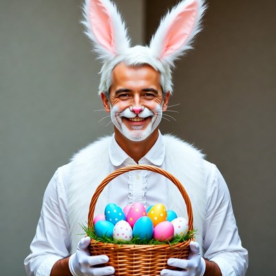 Man in bunny costume holding Easter eggs