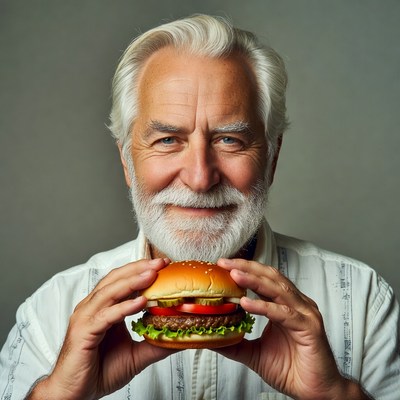Elderly man holding burger