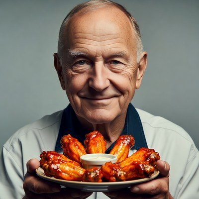Elderly man holding chicken wings