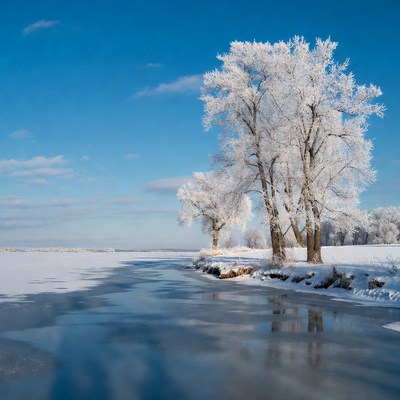 Frost-covered trees by frozen river