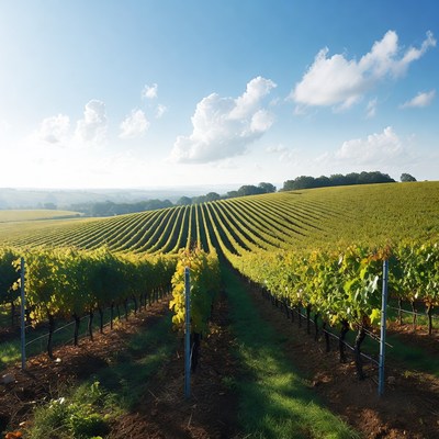 Vineyard Rows Under Blue Sky