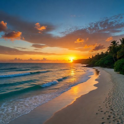 Tropical Beach Sunset with Palm Trees