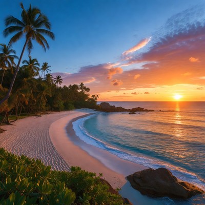 Tropical Beach Sunset with Palm Trees