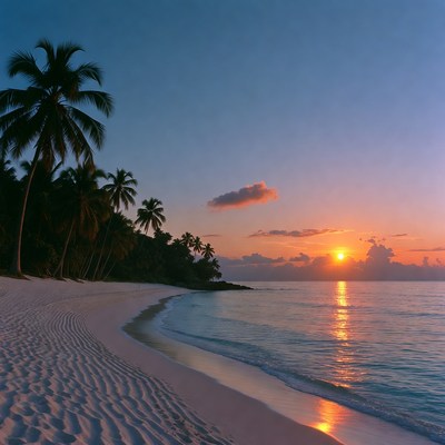 Tropical Beach Sunset with Palm Trees