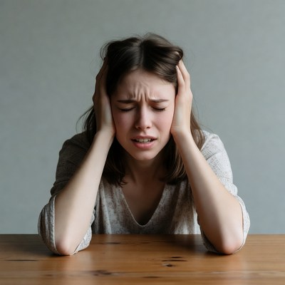 Woman holding head in distress