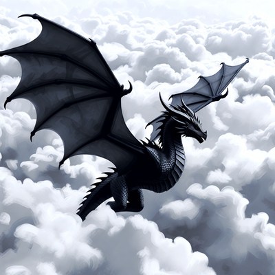 Black Dragon Flying in Clouds