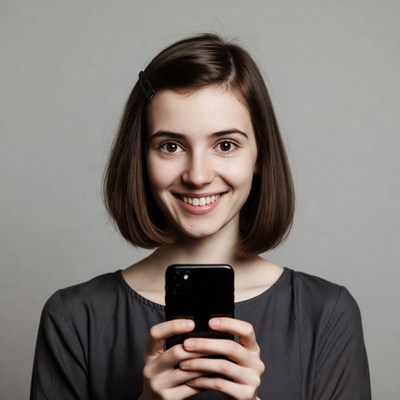 Smiling woman holding smartphone