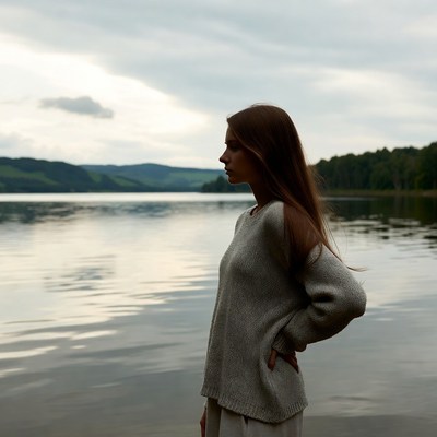 Woman standing by lake sunset