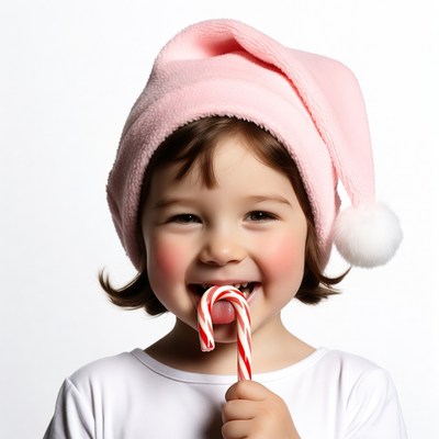 Girl eating candy cane in pink Santa hat