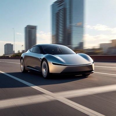 Silver electric sports car speeding urban highway