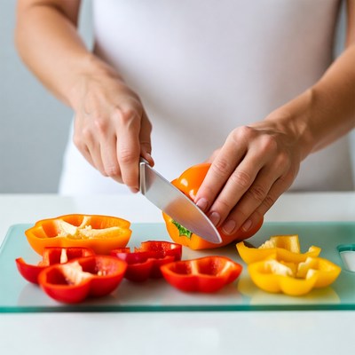 Woman cutting orange bell pepper
