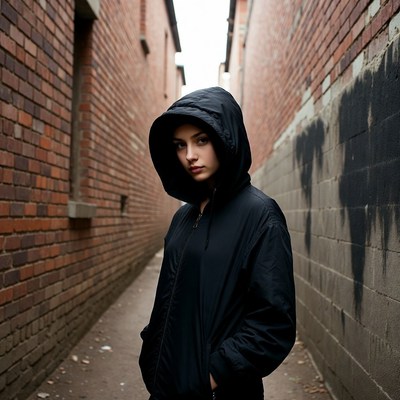 Woman in black hoodie in brick alley